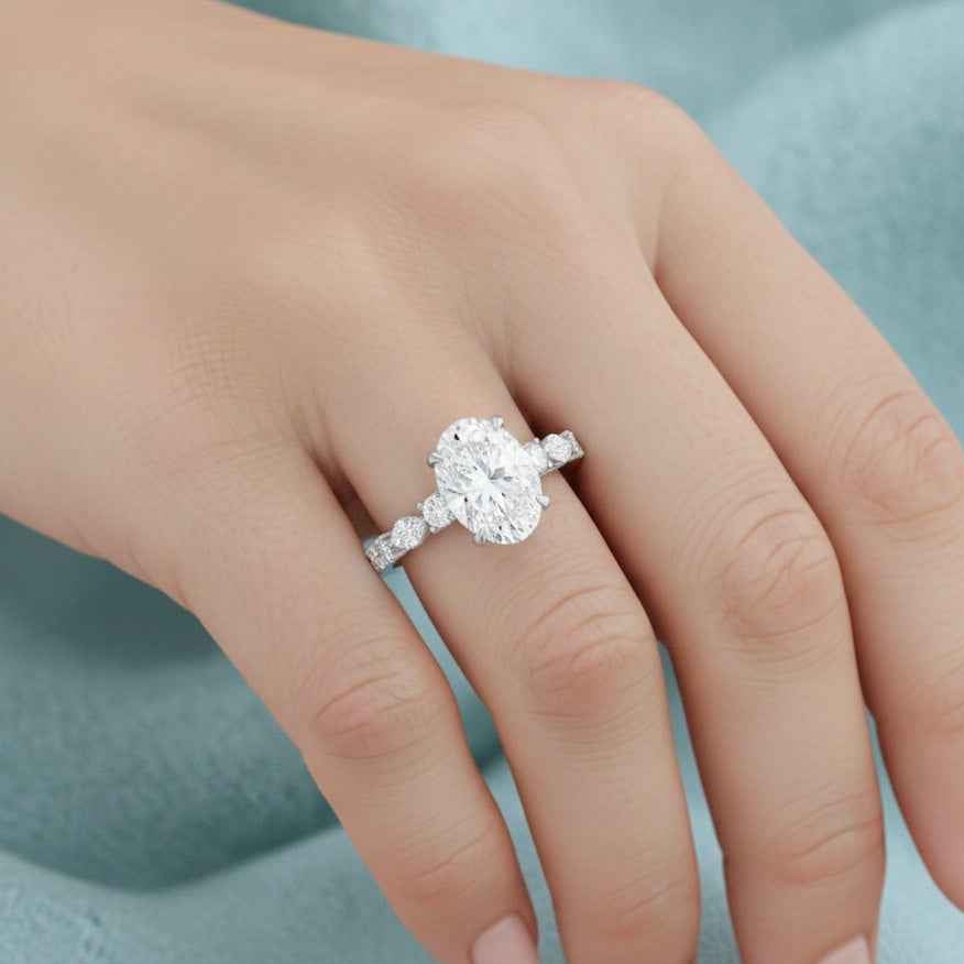 The Luminous Vine: 2.07ct Oval Moissanite Marquise Accent Ring