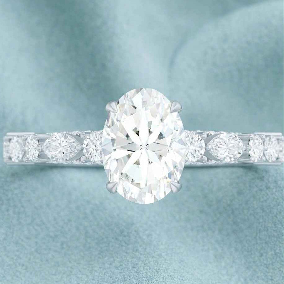 The Luminous Vine: 2.07ct Oval Moissanite Marquise Accent Ring