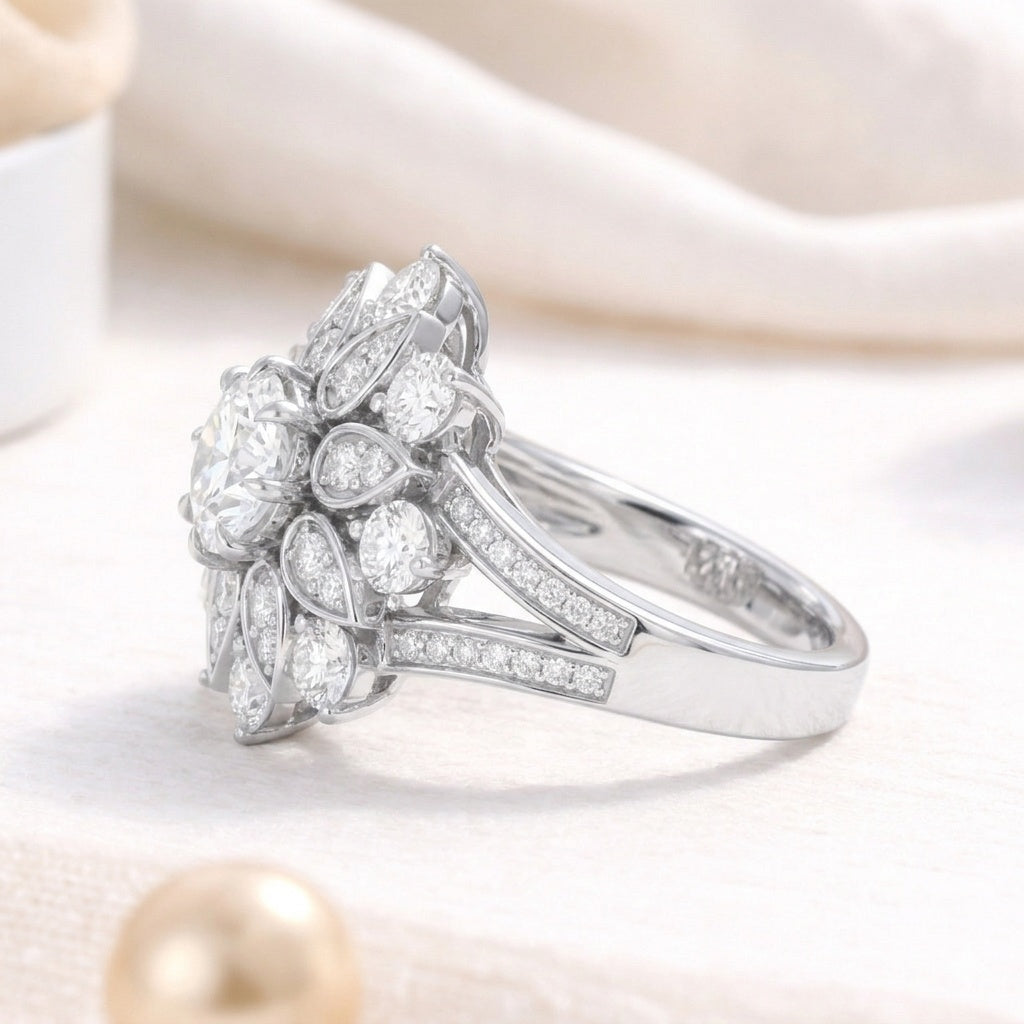 The Radiant Bloom: 2.45ct Moissanite Floral Halo Cocktail Ring