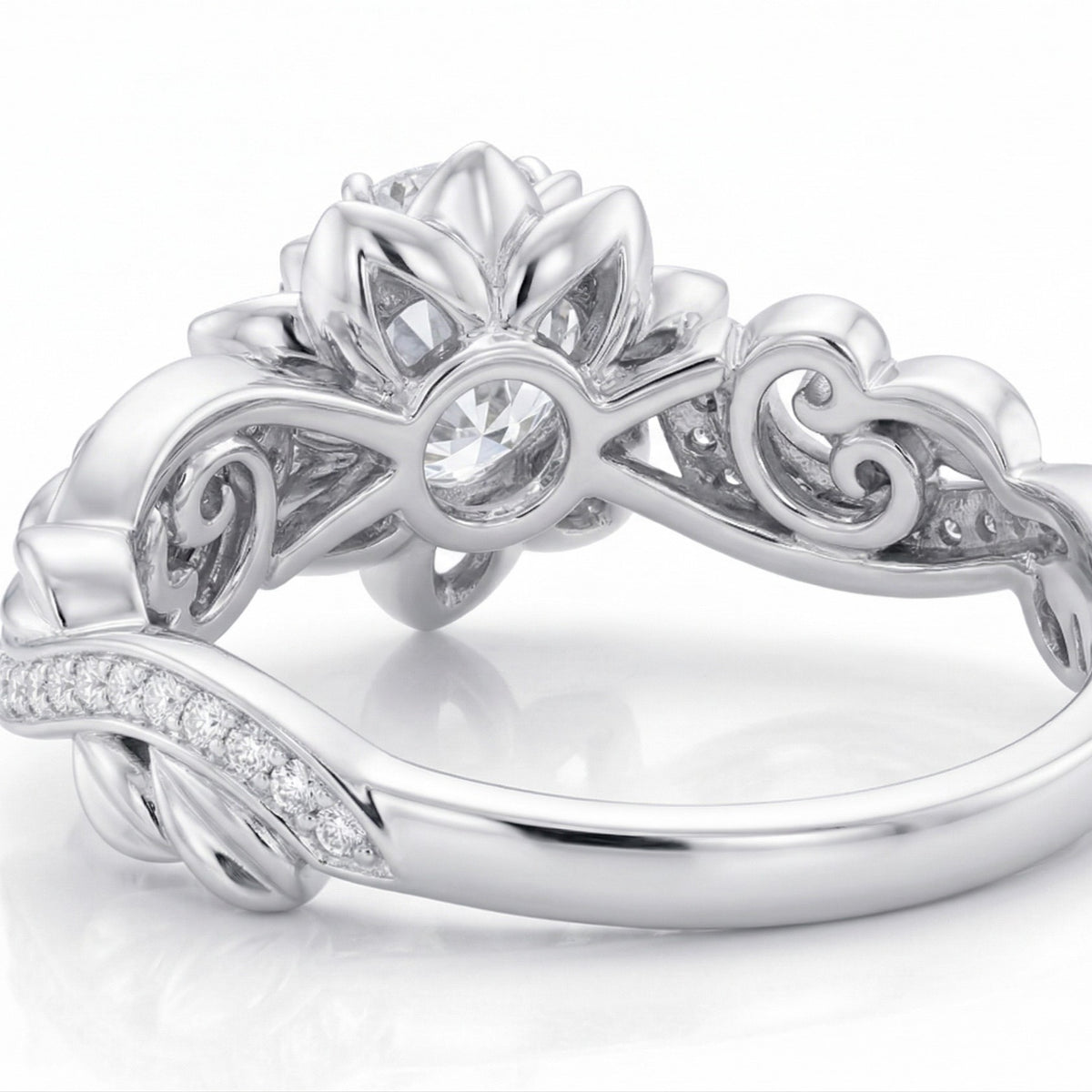 The Blooming Lotus: 0.70ct Round Moissanite Floral Engagement Ring