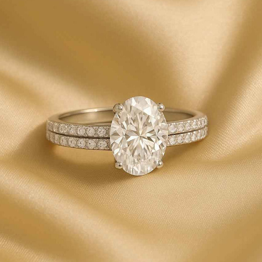 The Double Row Radiance: 1.50ct Oval Moissanite Engagement Ring