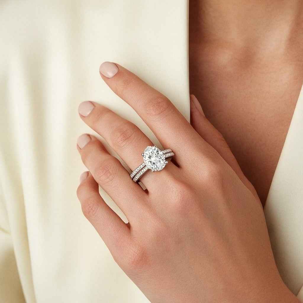 The Double Row Radiance: 1.50ct Oval Moissanite Engagement Ring