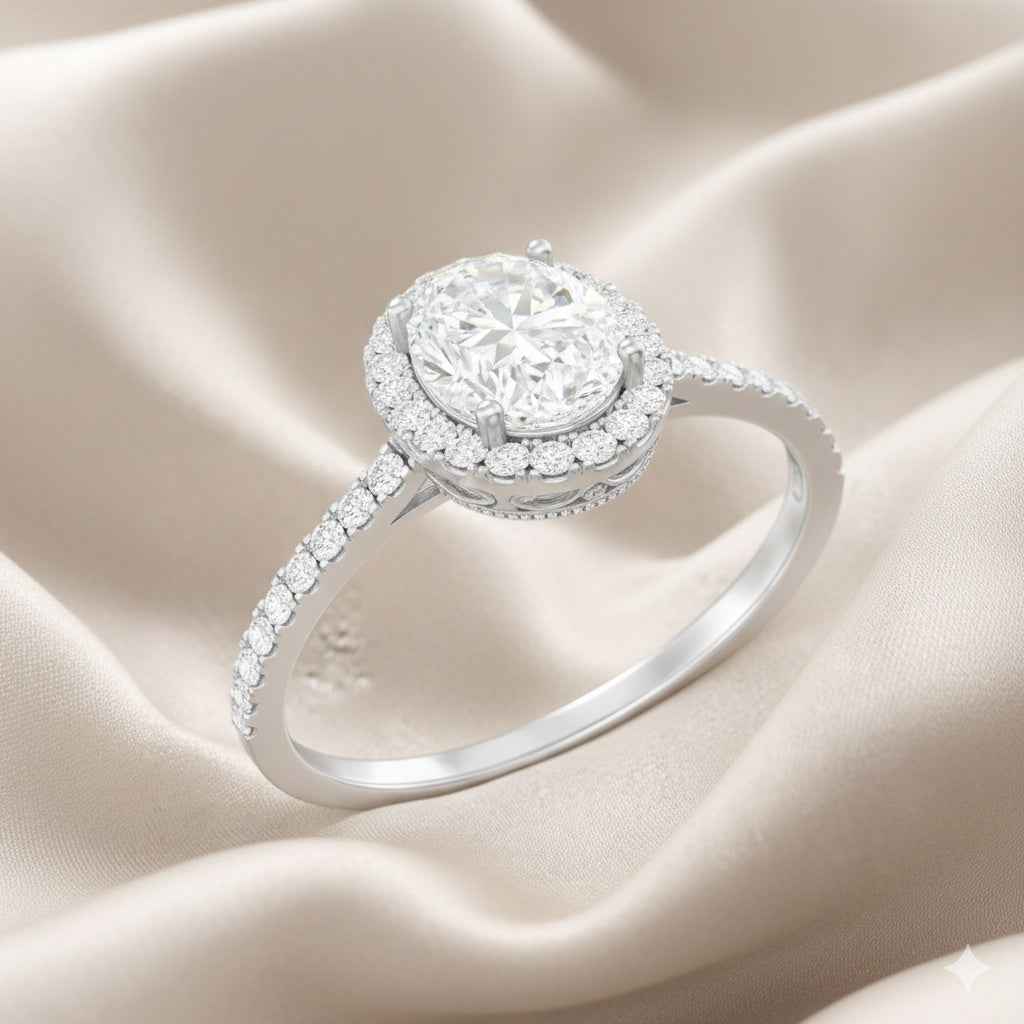 The Luminous Halo: 1.5ct Oval Moissanite Pavé Engagement Ring