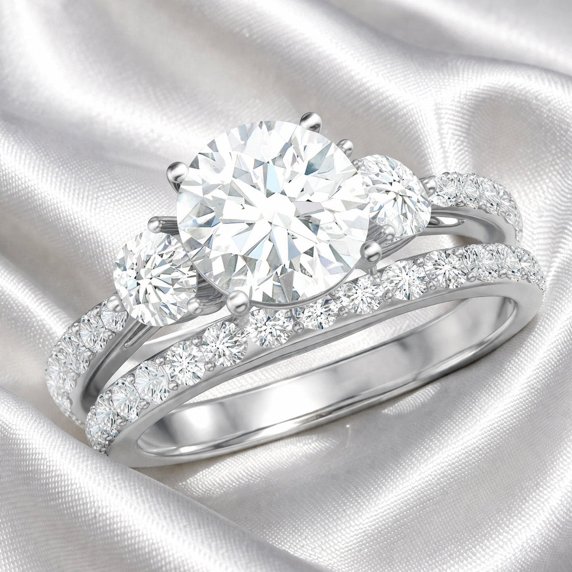 Diamond ring with a silver band on a satin background
