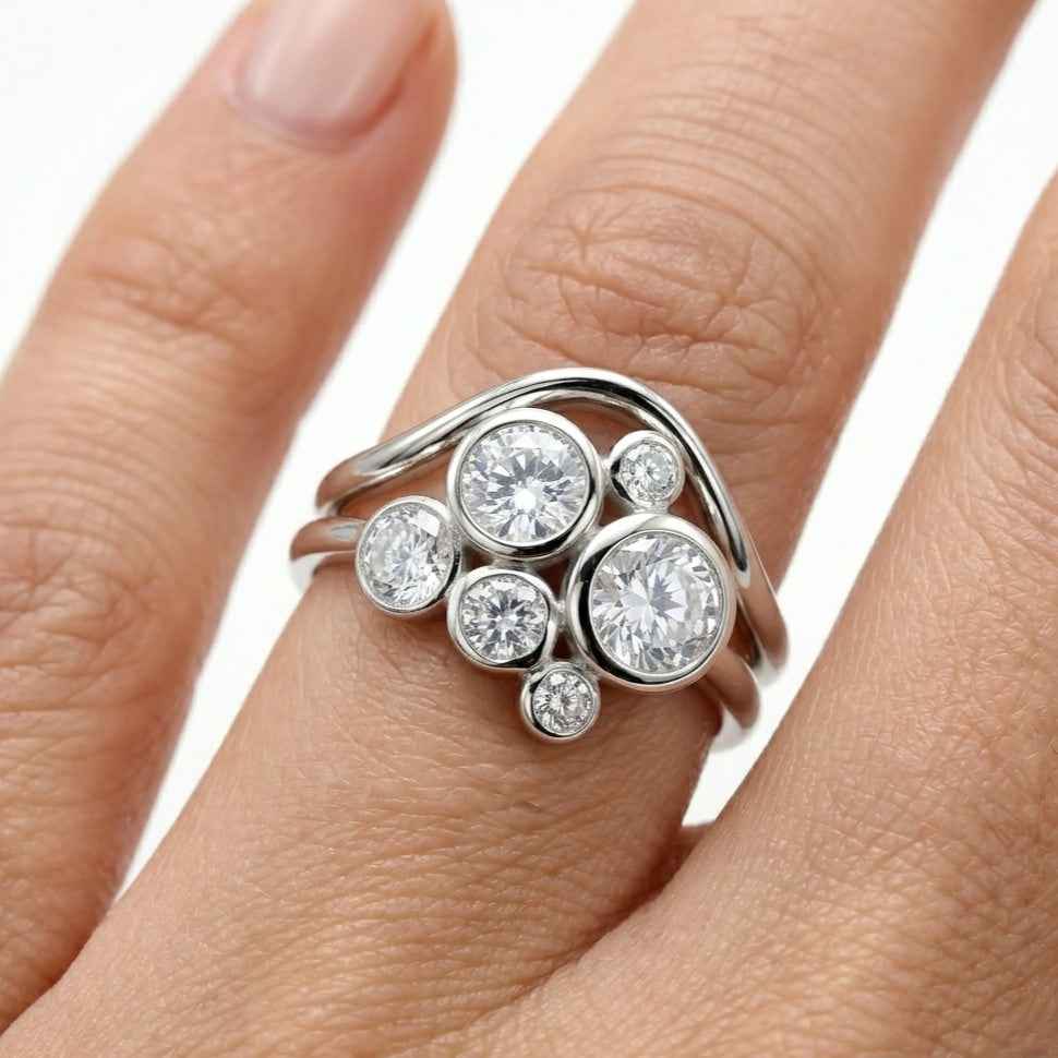 The Golden Constellation: Bezel Moissanite Cluster Ring Set